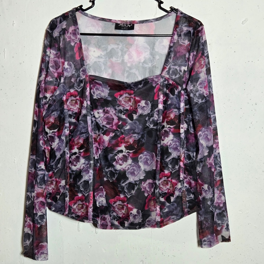 Jolie & Joy Mesh Long Sleeve Corset Top 2X Grunge Whimsioth Dark Floral Y2K